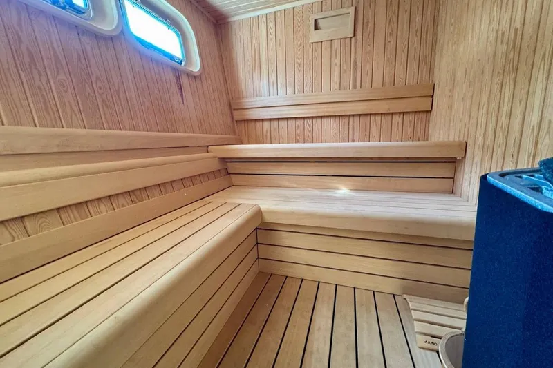 Maoria Yacht Photos Pics Luxurious wooden sauna interior on 2021 Numarine 26XP yacht.