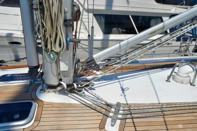Footloose Yacht Photos Pics Deck of 2003 Bavaria 49 sailboat with rigging and ropes.