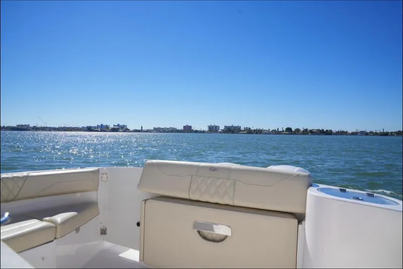 Yacht Photos Pics 2019 Regal 33 SAV boat interior with ocean view under clear blue sky.
