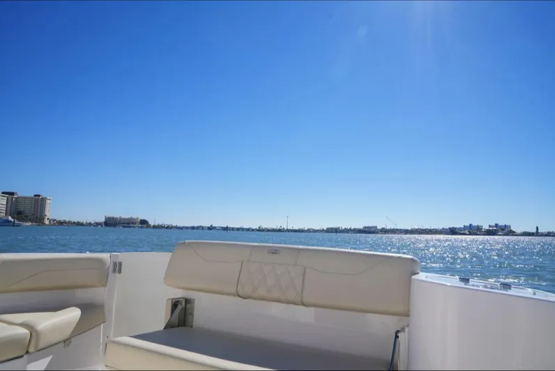  Yacht Photos Pics 2019 Regal 33 SAV boat interior with ocean view and clear blue sky.