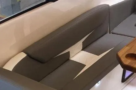 Ready For Delivery! Yacht Photos Pics Luxurious seating on Hanover 305 Outboard, 2025 model, featuring sleek black and orange design.