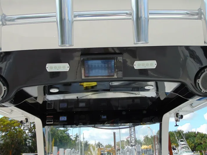  Yacht Photos Pics 2016 Edgewater 368 CC boat console with electronic displays and controls.