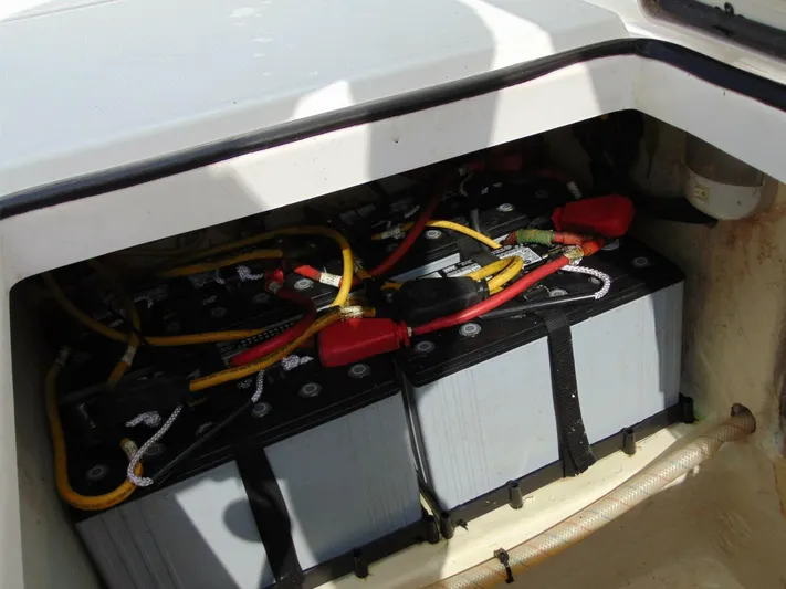  Yacht Photos Pics Battery compartment of 2016 Edgewater 368 CC boat with wiring connections.