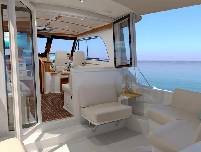 Call For Availability Yacht Photos Pics Luxurious interior of 2027 Back Cove 372 yacht with ocean view.