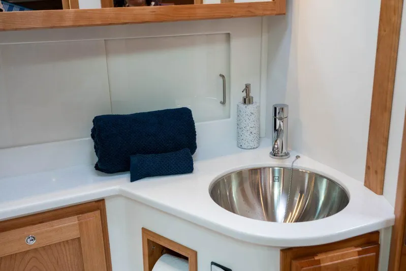Call For Availability Yacht Photos Pics Luxurious bathroom in Back Cove 372 boat, model year 2027.