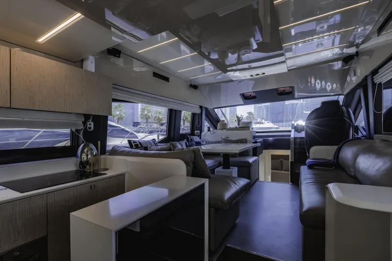  Yacht Photos Pics Luxurious interior of 2019 Cranchi E 52F yacht with modern furnishings and sleek design.