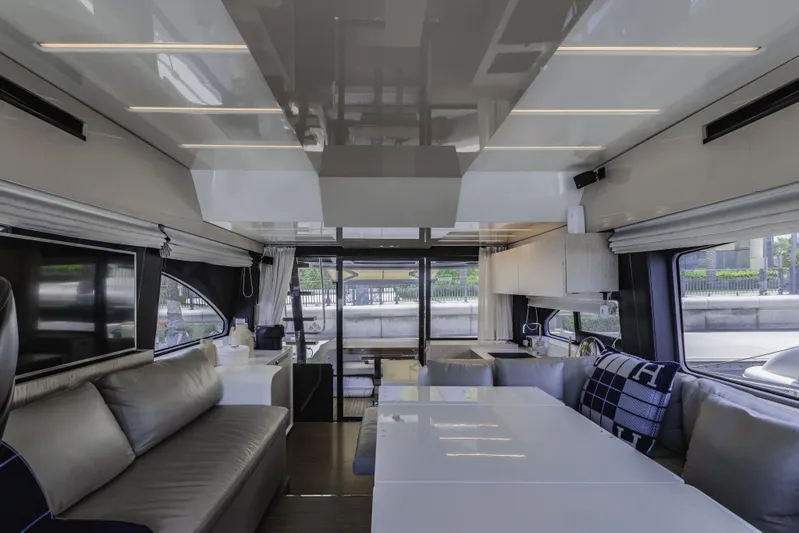  Yacht Photos Pics Luxurious interior of 2019 Cranchi E 52F yacht with modern furnishings and sleek design.