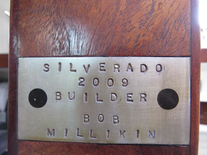 Silverado Yacht Photos Pics Plaque on 2009 Custom Pilothouse Cutter, builder Bob Millikin, labeled "Silverado."