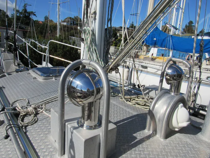 Silverado Yacht Photos Pics Deck of 2009 Custom Pilothouse Cutter with rigging and polished metal fittings.