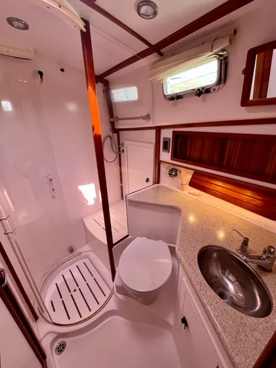 Serendipity II Yacht Photos Pics 2010 Sabre 40 Sedan yacht bathroom with shower, sink, and wooden accents.