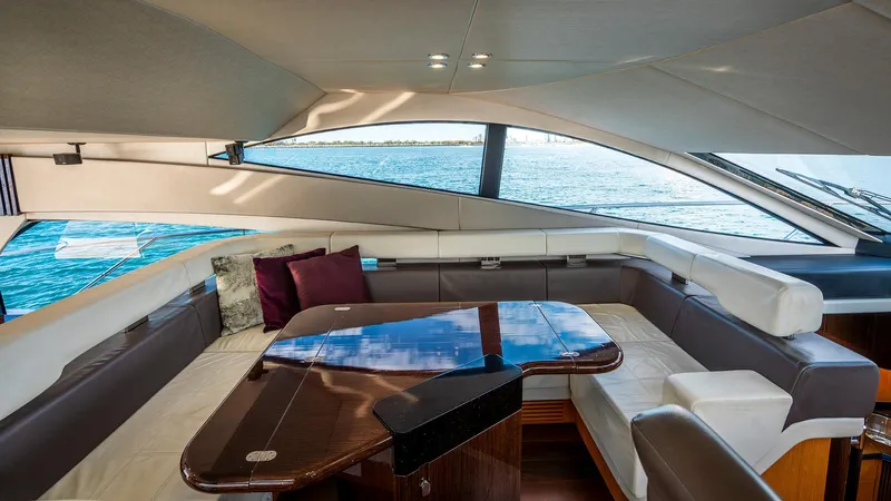 Cloud Catcher Yacht Photos Pics Luxurious interior of 2014 Sunseeker Manhattan 55 yacht with ocean view.