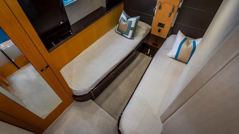 Cloud Catcher Yacht Photos Pics Luxurious twin cabin interior on 2014 Sunseeker Manhattan 55 yacht.