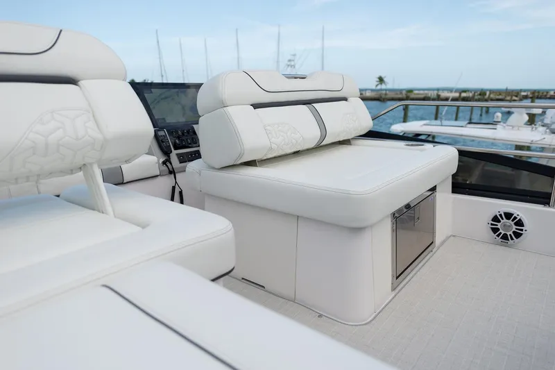  Yacht Photos Pics Manufacturer Provided Image: Luxurious seating on 2025 Regal 38 FXO yacht, featuring sleek white upholstery and modern design.