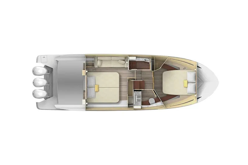  Yacht Photos Pics Manufacturer Provided Image: 2025 Regal 38 FXO yacht interior layout with two bedrooms and a compact kitchen.