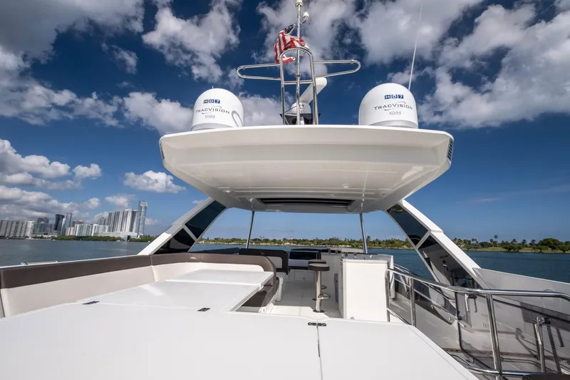 Gold Star Yacht Photos Pics Galeon 640 Fly 2020 yacht with spacious deck, city skyline, and blue sky background.