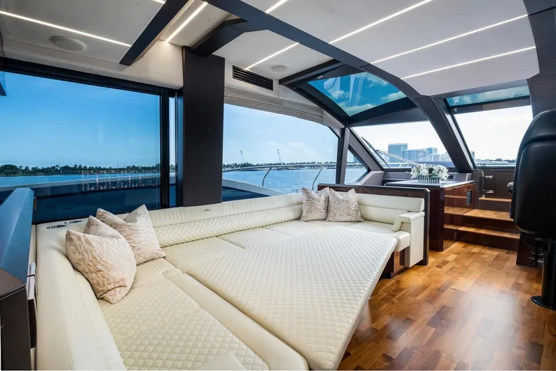Gold Star Yacht Photos Pics Luxurious interior of 2020 Galeon 640 Fly yacht with panoramic windows and elegant seating.