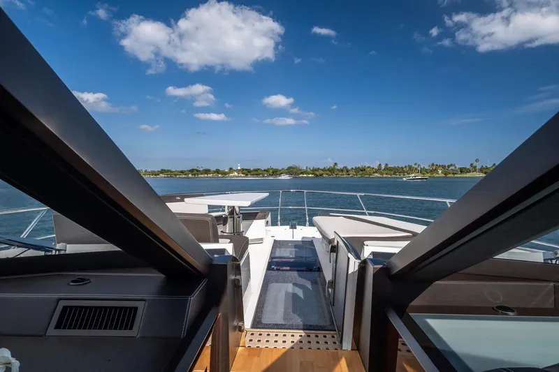 Gold Star Yacht Photos Pics 2020 Galeon 640 Fly yacht deck with ocean view under clear blue sky.