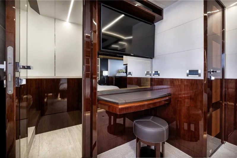 Gold Star Yacht Photos Pics Luxurious interior of 2020 Galeon 640 Fly yacht with sleek wood finishes and modern design.