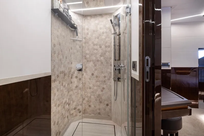 Gold Star Yacht Photos Pics Luxurious shower area in 2020 Galeon 640 Fly yacht, featuring modern design and elegant finishes.