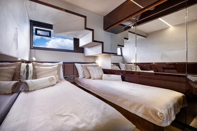 Gold Star Yacht Photos Pics Luxurious twin cabin interior of 2020 Galeon 640 Fly yacht with modern design.