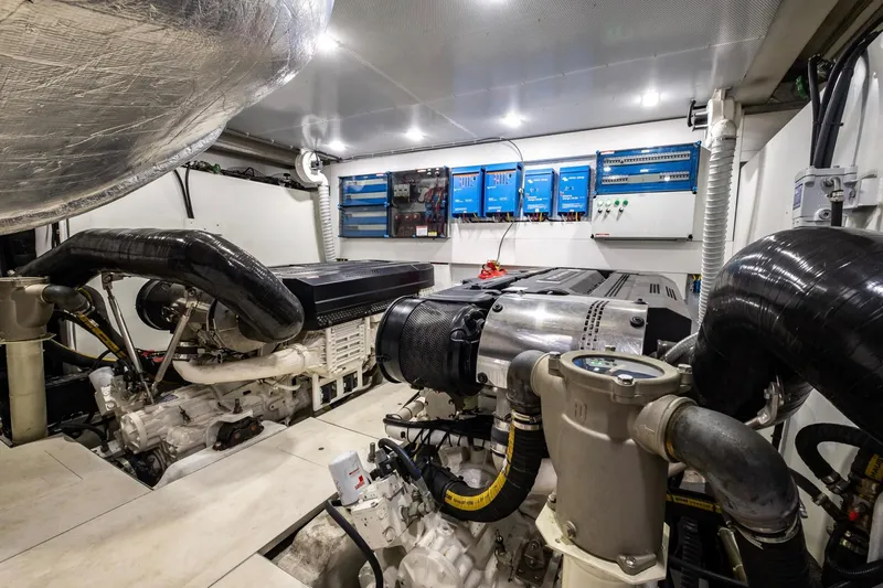 Gold Star Yacht Photos Pics Engine room of 2020 Galeon 640 Fly yacht, featuring advanced machinery and control panels.