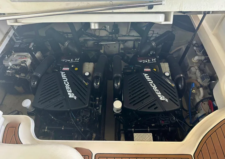  Yacht Photos Pics Engine compartment of a 2006 Sea Ray 340 Sundancer with twin Mercury engines.