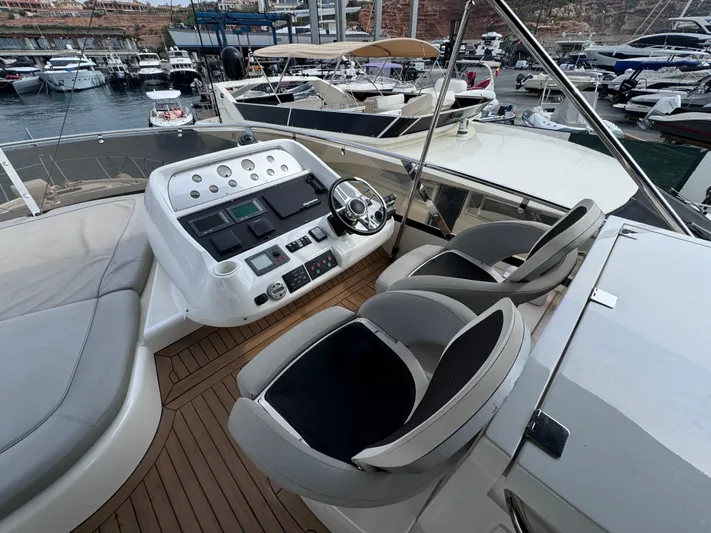  Yacht Photos Pics Cockpit of 2008 Sunseeker Manhattan 70 yacht with modern controls and seating.