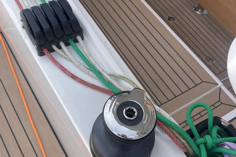  Yacht Photos Pics Winch and colorful ropes on 2022 Moody Decksaloon 41 yacht deck.