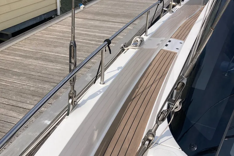  Yacht Photos Pics Deck view of 2022 Moody Decksaloon 41 yacht with wooden and metal details.