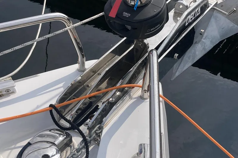  Yacht Photos Pics Bow of 2022 Moody Decksaloon 41 yacht with anchor and winch system.