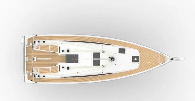  Yacht Photos Pics Top view of 2026 Jeanneau Sun Odyssey 410 sailboat with teak deck.