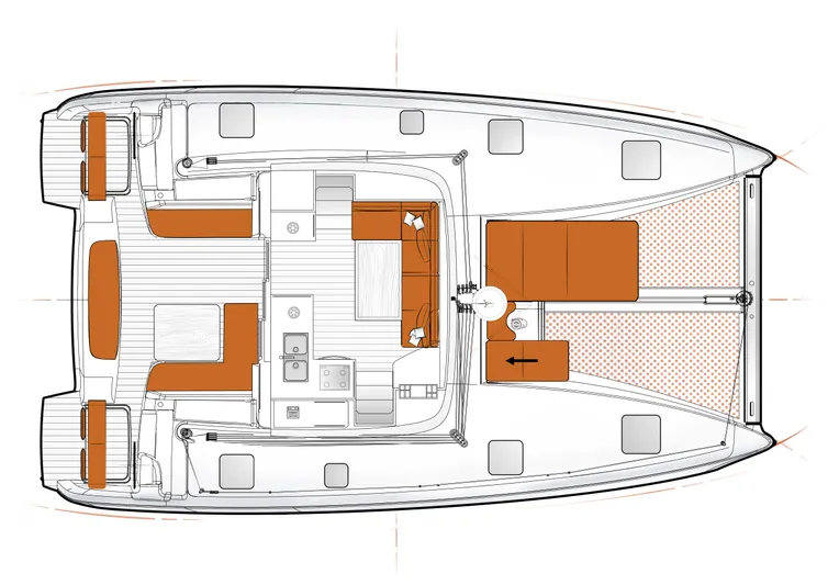 Eli X Yacht Photos Pics Plan view of 2023 Excess 11 catamaran layout with cabins and seating areas.
