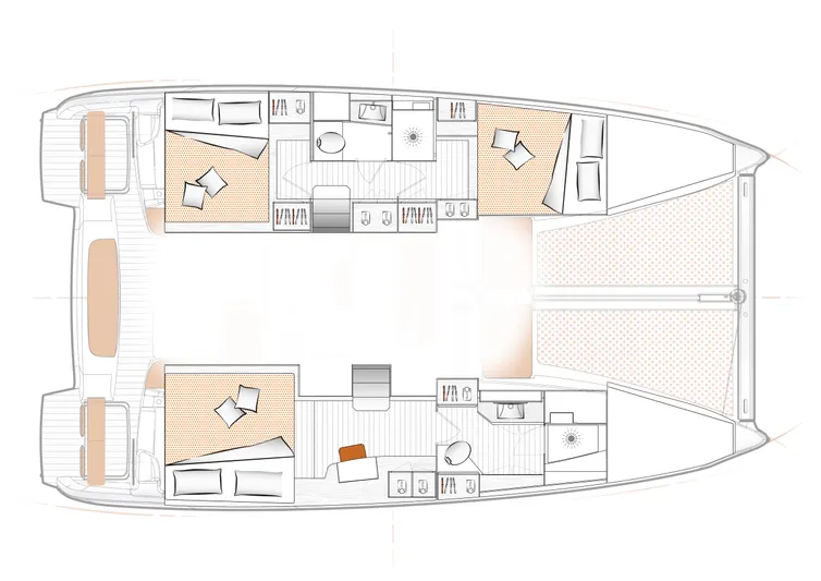Eli X Yacht Photos Pics Floor plan of 2023 Excess 11 catamaran, featuring cabins, bathrooms, and living areas.