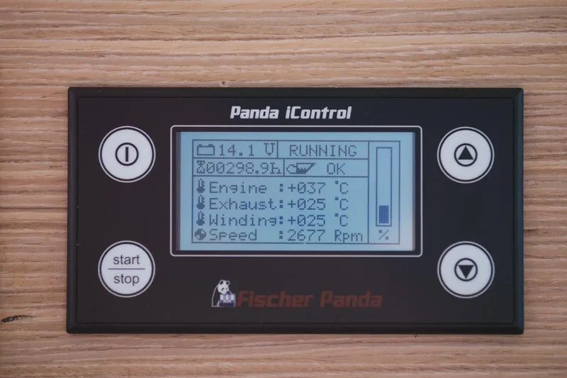 Almissa Yacht Photos Pics Panda iControl display on 2023 Lagoon LAGOON 46, showing engine and speed metrics.