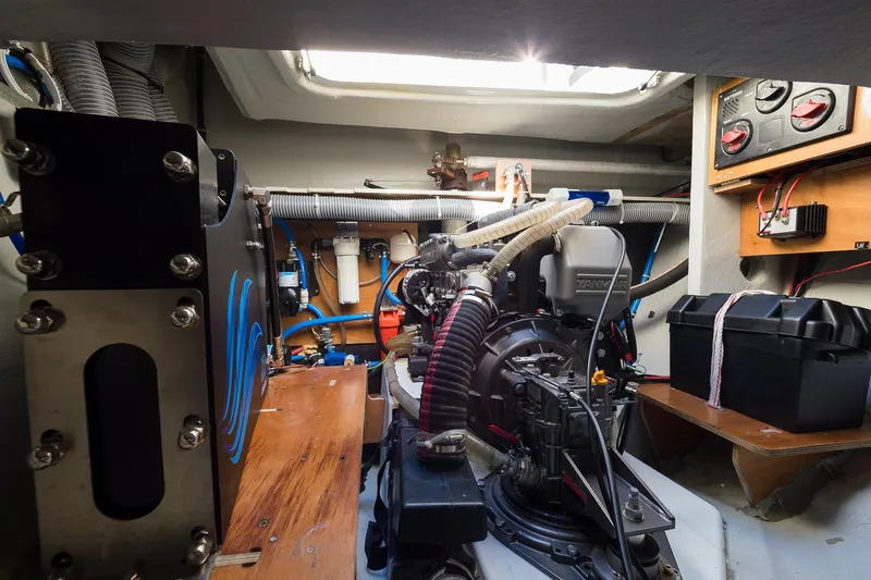 Almissa Yacht Photos Pics Engine room of 2023 Lagoon 46 yacht, showcasing mechanical components and wiring.