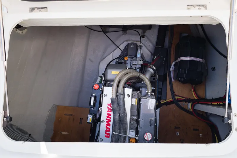 Almissa Yacht Photos Pics Engine compartment of 2023 Lagoon 46 catamaran with Yanmar engine visible.
