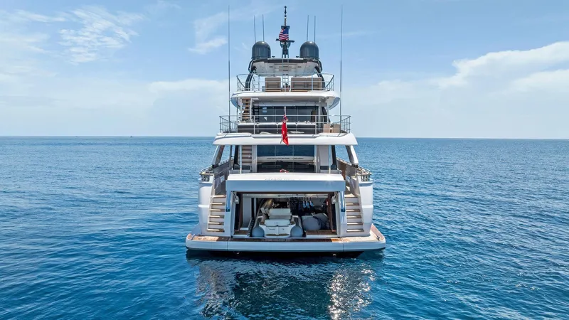 Double Up Yacht Photos Pics 2024 Custom Line Navetta 33 yacht on open sea, rear view.
