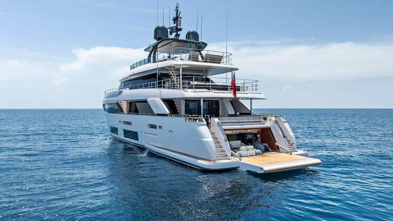 Double Up Yacht Photos Pics Luxurious 2024 Custom Line Navetta 33 yacht on open sea, rear view.