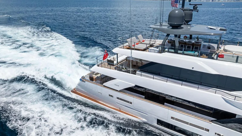 Double Up Yacht Photos Pics Luxurious 2024 Custom Line Navetta 33 yacht cruising on open sea.