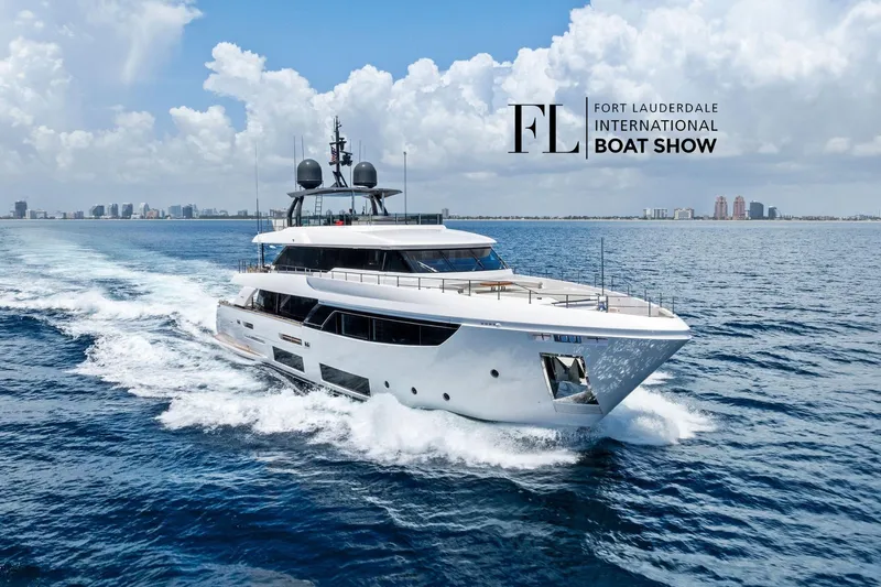 Double Up Yacht Photos Pics 2024 Custom Line Navetta 33 yacht at Fort Lauderdale International Boat Show, cruising on open water.