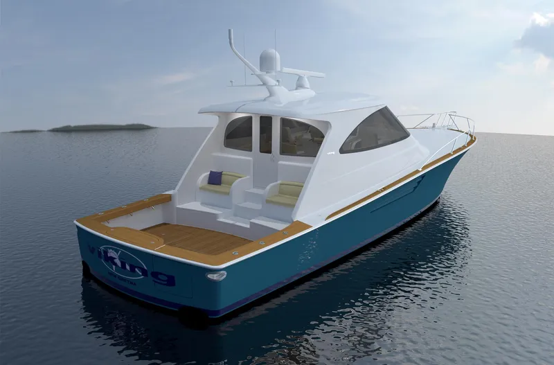 2026 Viking 54o Yacht Photos Pics 2026 Viking 54 Open yacht on calm water, showcasing sleek design and spacious deck.