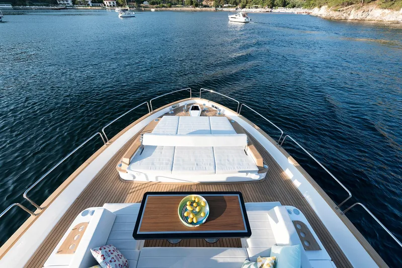  Yacht Photos Pics Luxurious Sirena 68 yacht deck with elegant seating, table, and scenic ocean view, 2027 model.