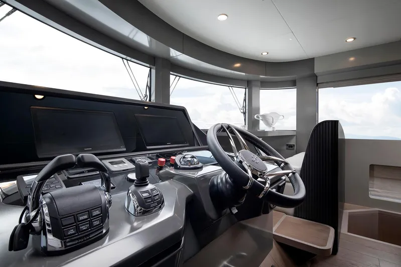  Yacht Photos Pics Modern helm of 2027 Sirena 68 yacht with advanced navigation controls and sleek design.