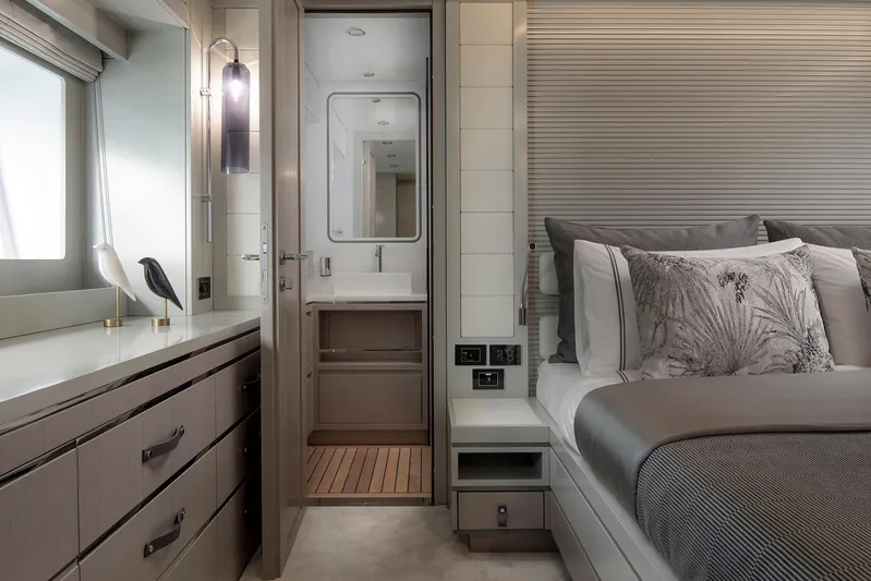  Yacht Photos Pics Luxurious Sirena 68 yacht bedroom interior, featuring elegant decor and modern amenities, 2027 model.