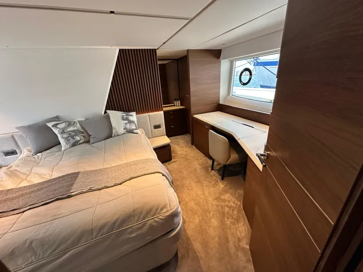  Yacht Photos Pics Luxurious bedroom interior of 2022 Princess Y72 yacht with modern furnishings and large window.