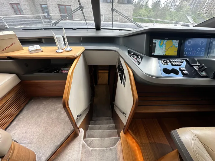  Yacht Photos Pics Interior of 2022 Princess Y72 yacht with modern navigation controls and elegant wood finish.