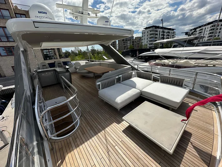  Yacht Photos Pics Luxurious 2022 Princess Y72 yacht deck with modern seating and cityscape backdrop.