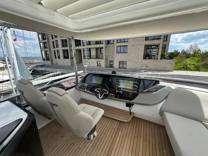  Yacht Photos Pics Luxurious 2022 Princess Y72 yacht cockpit with modern controls and comfortable seating.