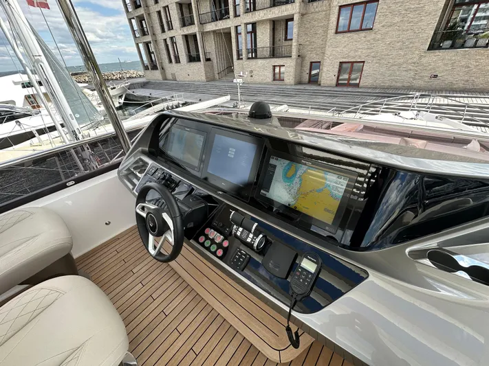  Yacht Photos Pics Helm of 2022 Princess Y72 yacht with modern navigation displays and controls.