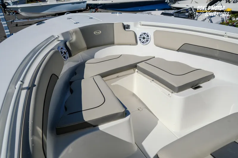  Yacht Photos Pics 2026 Key West 260 Center Console boat interior with cushioned seating and speakers.